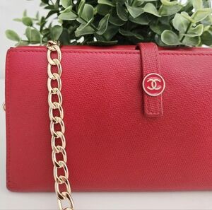Authentic CHANEL Red & Gold Coco Flap Long Wallet Clutch Crossbody WOC Card Hold